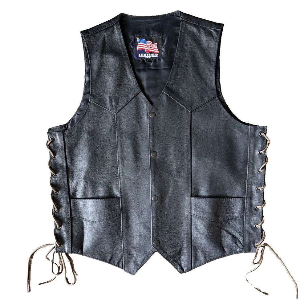 Vintage Leather USA Sz L Black Leather Biker Vest Motorcycle Lace Up Western